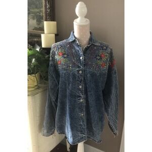 Vintage 80s Acid Washed Embroidered Denim Shirt Or Jacket Western EUC Thailand
